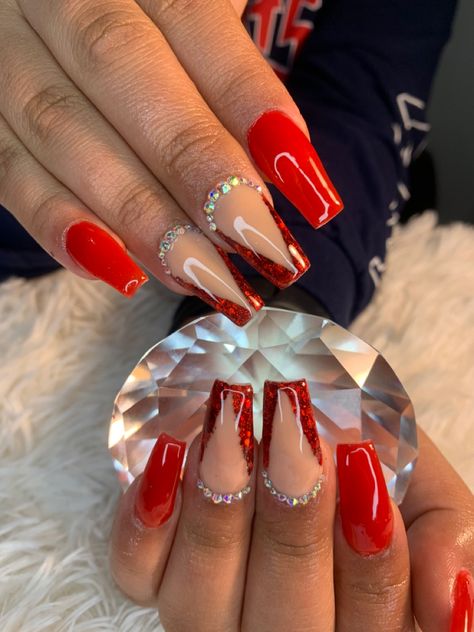 Red Nails Gilter, Red N Silver Nails, Red Nail Ideas Coffin With Diamonds, Red Prom Nails With Rhinestones, Nails Acrylic Red And Silver, Red Acrylic Nails Coffin Medium Length, Red And Silver Acrylic Nails For Prom, Red And Silver Short Nails, Short Red Quince Nails