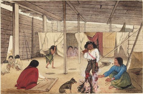 Interior of a Coast Salish Longhouse, 1864 Drying Fish, Western Washington University, Coast Salish, Victoria Harbour, Western Washington, Fraser Valley, Northwest Coast, Central Coast, Pacific Coast