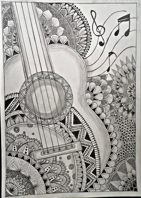 Guitar Mandala Art Drawing, Mandala Art Of Guitar, Guitar Zentangle Art, Mandala Art On Guitar, Cool Guitar Drawings, Guitar Mandala Drawing, Mandala Pen Art, Mandala Art Music, Guitar Doodle Art