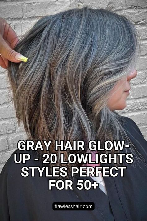 Gray Hair With Silver And Brown Lowlights Colors To Blend With Gray Hair, Brunette Hair Turning Gray, Lowlights For Brown Hair Going Grey, Lowlights For Greying Hair, Two Tone Silver Hair, Adding Dark Lowlights To Gray Hair, Dark Hair With Gray Highlights Silver, Reverse Highlights For Grey Hair, Gray Hair With Platinum Highlights