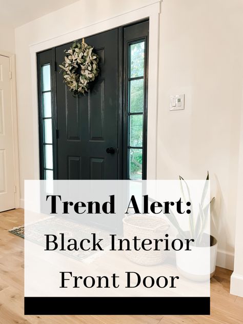 Front Door Colors From Inside, Black Foyer Door Entryway, Trim Around Front Door Inside, Painting Exterior Door Black, Charcoal Entry Door, Black Front Door Sidelights, Black Front Door With Sidelights Interior, Black Front Door And Trim, Front Door Color Inside