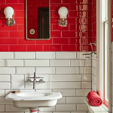 24 Red Bathroom Ideas That'll Make You Never Want To Leave This Room Again Red Bathroom Ideas, Red And White Bathroom, Red Bathrooms, Warm Tiles, Pastel Bathroom, Penny Tile Floors, Terracotta Floor Tiles, Bathroom Selfies, Brick Accent Wall