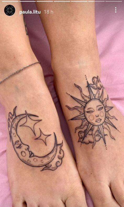 Sun And Moon Feet Tattoo, Sun And Moon Foot Tattoo, Sun And Moon Hip Tattoo, Tattoo Sol E Lua, Inner Thigh Tattoos, Hand Tattoo Designs, Bum Tattoo, Matching Tats, Forearm Tattoo Design