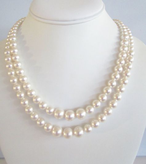 Graduated Pearl Necklace,Double Strand Pearl Necklace,Swarovski Pearls,Graduated Pearls,Romantic,Bri 1940s Pearl Necklace, Graduated Pearl Necklace, Double Strand Pearl Necklace, Classic Pearl Necklace, Pearl Strands Necklace, Pearl Necklace Designs, Princess Necklace, Pearl Necklace Wedding, Necklace Swarovski