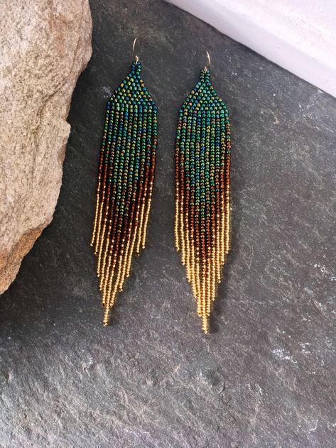 Long Native American Beaded Shoulder Dusters Glass Seed Bead | Etsy Ombre Earrings, Art Perle, Beaded Earrings Diy, Beaded Jewlery, Brick Stitch Earrings, Beaded Earrings Patterns, Beadwork Patterns, Native American Beading, Bronze Gold