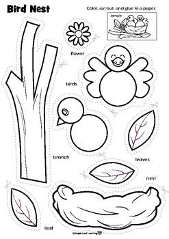 Color the nest and bird. Cut out and glue together to make a bird's nest! Video instructions here: https://mapleleaflearning.com/library/bird-nest-activity/ ------------------------------------------------------------------ Visit our store for more animal related resources: https://www.teachersp... Bird Worksheet, Bird Nest Craft, Origami Paper Flowers, April Crafts, Bird Template, Spring Animals, Bags Making, Spring Preschool, Animal Crafts For Kids