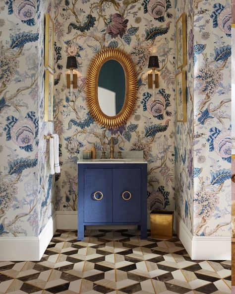 Perigold | Small spaces, like bathrooms, are often the perfect rooms to go big. Poppy wallpaper, dramatic color, and bold fixtures are ideal… | Instagram Schumacher Indian Arbre, Granite Steps, Poppy Wallpaper, Bathrooms Design, Bedroom Ensuite, Bathroom Powder Room, Autumn Palette, Love Shack Fancy, Material Palette