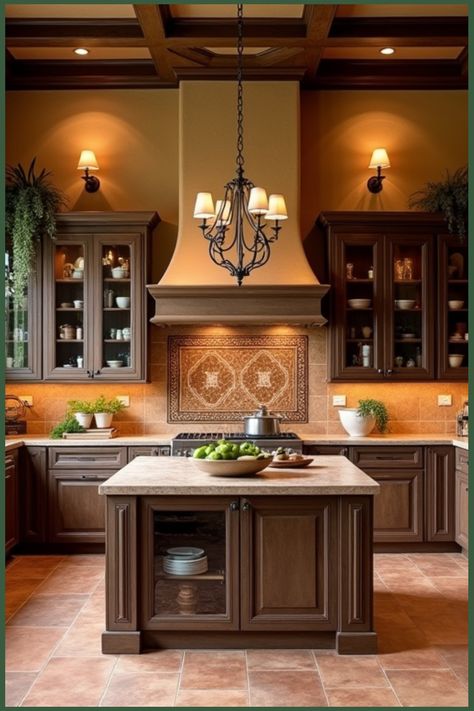 Transform your cooking space into an elegant Tuscan retreat with the charm of terracotta tiles and Art Deco accents. Discover design ideas, color palettes, and decor tips that blend rustic warmth with sophisticated Art Deco flair. Perfect for creating a cozy yet stylish kitchen atmosphere! Coffee Theme Kitchen Ideas, Update Tuscan Kitchen, Southwestern Kitchens, Mexican Kitchen Design, Tuscan Kitchen Colors, Modern Tuscan Kitchen, Tuscan Style Kitchen, Tuscan Inspired Kitchen, Moroccan Style Kitchen