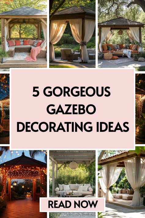 5 gazebo decorating ideas Gazebo Landscape Ideas, Permanent Gazebo Ideas, Outdoor Gazebo Decor, Boho Gazebo Ideas, Gazebo Ideas Backyard Outdoor Enclosed, Gazebo Decorating Ideas Wedding, Decorating A Gazebo, Wedding Gazebo Decorations Outdoor, Gazebo Lighting Ideas