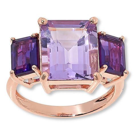 Colleen Lopez 3-Stone Emerald-Cut Gemstone Ring  A trio of elegant, emerald-cut gemstones in your choice of complementary color combinations, make this ring design a timeless choice you'll want to wear and enjoy everyday.       Approx. 7/16"L x 3/4"W x 1/4"H; shank 1/16"W     Stamped .925; white rhodium, 18K rose gold- or yellow gold-plating     Sterling silver or gold-plated ring has three emerald-cut, color-coordinating gemstones prong-set across top of slender band   Stone Information       A Amethyst Set, Peridot Green, Sky Blue Topaz, Green Peridot, Amethyst Purple, Swiss Blue Topaz, Pink Amethyst, Amethyst Gemstone, Purple Amethyst