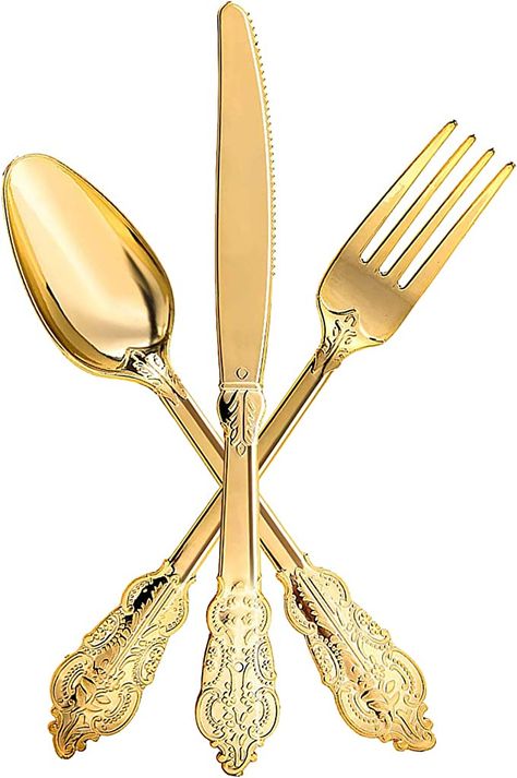 Gold Plastic Silverware, Gold Fork, Disposable Utensils, Gold Plastic Plates, Vintage Knife, Gold Cutlery Set, Disposable Cutlery, Plastic Wine Glasses, Plastic Silverware