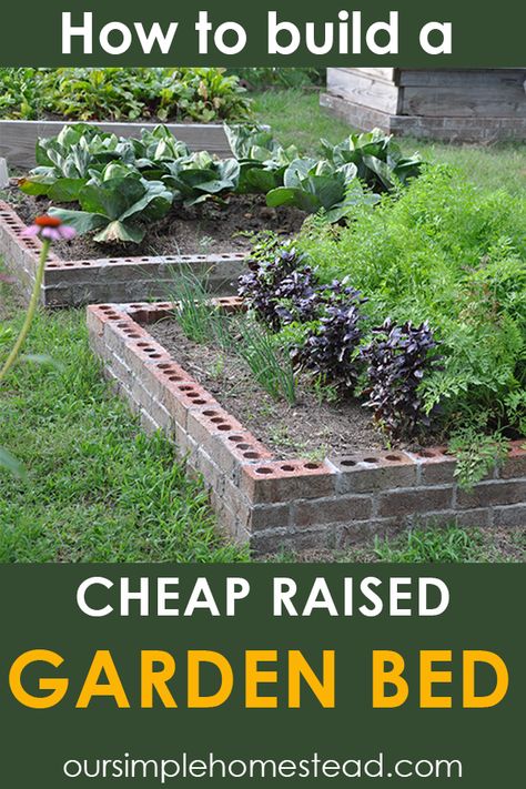 How to Build a Cheap Raised Garden Bed The first thing I did was take a walk around the farm to see what I could find to use. I found cinder blocks, a stack of pallets, a pile of bricks, a pile of downed trees and piles and piles of trimmed branches.  #gardening #gardenbed #rasiedbeds #homesteading Brick Raised Garden Beds, Garden Bed Raised, Brick Raised Beds, Cheap Raised Garden Beds, Raised Garden Beds Diy Vegetables, Garden Diy On A Budget, Garden Bed Layout, Yummy Veggies, Gardening Equipment