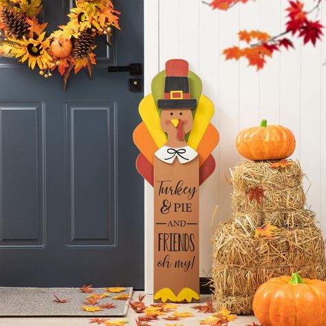 Rustic Thanksgiving Decorations, Thanksgiving Inflatables, Thanksgiving Wood Crafts, Wooden Turkey, Colorful Wings, Turkey Decor, Pumpkin Display, Metal Bow, Wooden Porch