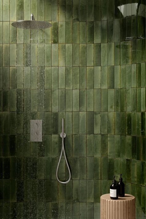 In a bathroom with little natural light, using glossy, pale ceramic tiles can help to reflect the artificial light and make the room appear larger. Discover Ragno solutions on our website. Beige Tiles Green Walls Bathroom, Light Green Bathroom Floor Tiles, Green Wall Bathroom, Green Square Tiles Bathroom, Gloss Green Bathroom Tiles, Astria Topps Tiles Sage Green Tiled Bathrooms, Small Bathroom Inspiration, Natural Tile, Green Tile Bathroom