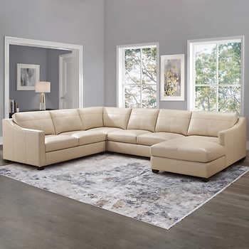 Pauline Leather Chaise Sectional | Costco Cream Leather Sofa Living Room, Cream Leather Sectional, Sectional Costco, Bar Behind Couch, Leather Sectional Living Room, Deep Sectional Sofa, Sofa With Recliner, Couch Inspiration, White Leather Sofa