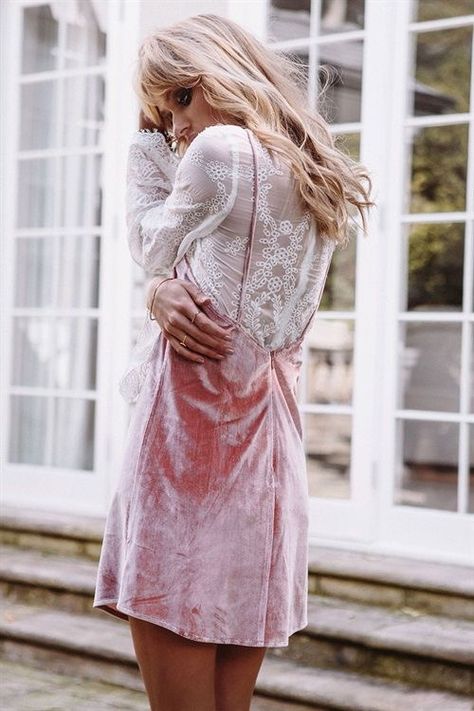 Velvet Dresses Outfit, Pink Velvet Dress, Simple Choker, Velvet Slip Dress, Dusty Rose Pink, Sheer Lace Top, Blue Wedding Dresses, Sabo Skirt, Fashion Victim