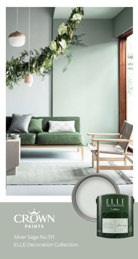 Crown Silver Sage Paint, Sage Green Lounge Ideas, Sage Green Playroom, Sage Green Hallway Ideas, Sage Leaf Color, Seafoam Green Living Room, Sage Green Hallway, Green Living Room Paint Colors, Soft Green Paint Color