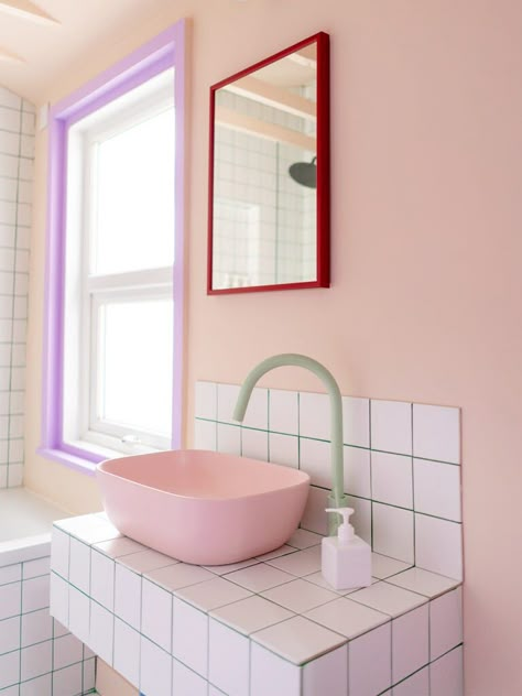 Retro Modern Bathroom Ideas, Pink Sinks, Green Grout, Pink Sink, London Bathroom, Purple Cabinets, Pastel Bathroom, Ensuite Ideas, Ladies Bathroom