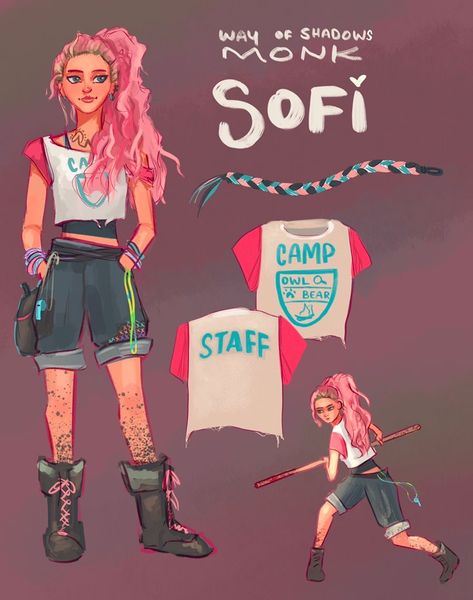 A drawing of a young adult woman with pink hair. She’s dressed like a camp counselor and she carries a big walking stick, which she uses to punch people. Camp Counselor Character Art, Camp Counselor Character Design, Dnd Monk Outfit, Monk Dnd Character Design, Cult Leader Character Design, Oc Inspiration Character Design, Monk Character Design, Fantasy University, Camp Counselor Outfit