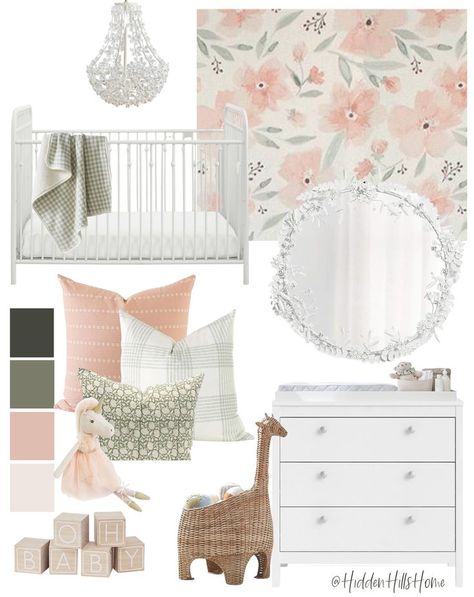 Girls Nursery Decor Design Board Floral Baby Girl Nursery Wallpaper, Peel And Stick Wallpaper Nursery Girl, Green And Pink Nursery Girl, Light Green Nursery Girl, Nursery Kids Rugs, Sage Green And Blush Nursery, Sage And Blush Nursery, Sage And Pink Nursery, Whimsical Nursery Girl