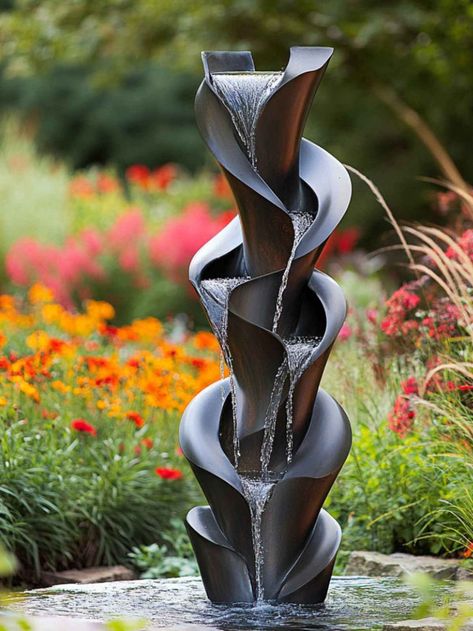 A sleek, modern garden fountain with a minimalist design, set against a beautifully landscaped background, showcasing how contemporary fountains can elevate outdoor spaces. Outdoor Wall Fountains, Modern Fountain, Modern Outdoor Spaces, Outdoor Fountains, Home Gardens, Fountain Design, Tabletop Fountain, Fountain Feature, Indoor Fountain