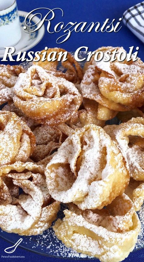 Just like babushka made... This rose-shaped, sweet, crispy, deep fried dessert is also known as Angel Wings, Crostoli, Faworki, Raderkuchen, Bugnes, Hvorost and more. Deep Fried Desserts, Fried Pastry, Fried Dessert, Applesauce Cake, Top Chicken Recipes, Ukrainian Recipes, Homemade Tacos, Pastry Desserts, Homemade Taco Seasoning