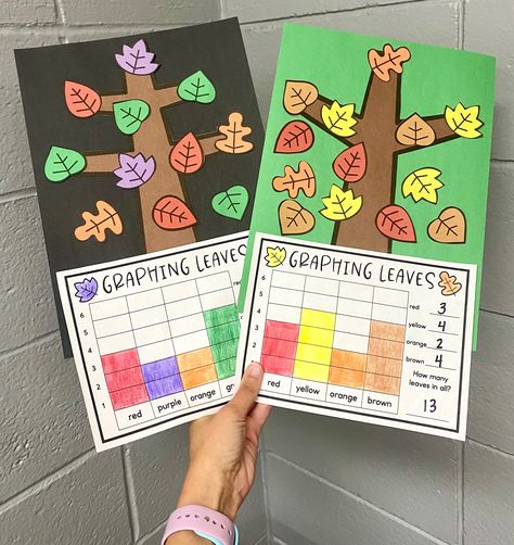 Graphing leaves! Fun fall math craft for the elementary classroom. Awesome bulletin board/hallway display! Fall Graphing Kindergarten, Graphing Ideas For Kindergarten, Leaf Graphing Preschool, Fall Student Work Display, Fall Craft Classroom, Fall Craft Elementary, Math Bulletin Boards Preschool, Kindergarten Display Board Ideas, Fall Math Crafts Kindergarten