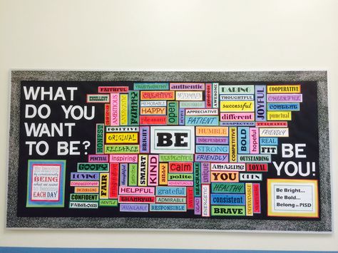 BE YOU! Wordle bulletin board Wordle Bulletin Board, Be You Bulletin Board, Leadership Bulletin Boards, Aesthetic Bulletin Board, Rainbow Bulletin Boards, Word Phrases, College Bulletin Boards, Staff Lounge, College Counseling