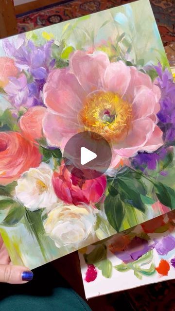 Thick Acrylic Flower Painting, Spring Acrylic Paintings, How To Paint Flowers With Palette Knife, Painting Flowers With Palette Knife, Loose Acrylic Florals, Pallet Knife Flower Painting, Green Painting, Peony Painting, Watercolor Roses