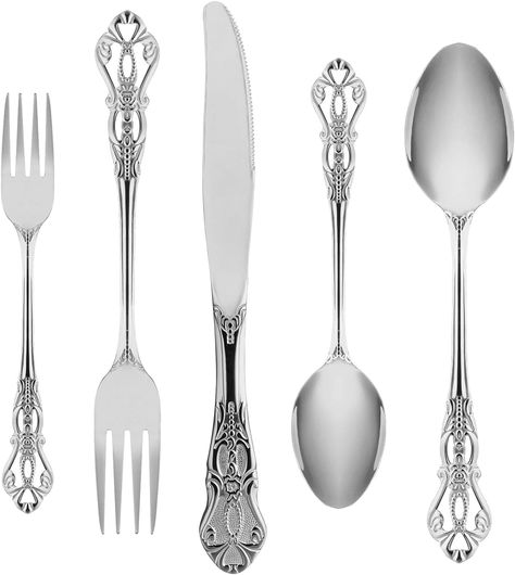 Amazon.com | Gold Silverware Set for 4, Stainless Steel Gorgeous Retro Royal Flatware Set, 20-Pieces Cutlery Tableware set, Kitchen utensils set Include Spoons And Forks Set, Mirror Finish, Dishwasher Safe: Flatware Sets Gold Silverware, Kitchen Utensils Set, Spoons And Forks, Cutlery Design, Gold Flatware, Utensils Set, Fork Set, Kitchen Utensil Set, Vintage Silverware