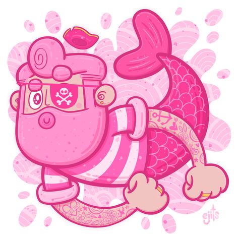 Image is of a digital illustration depicting a very bright pink pirate with a big beard and tattoos up his arms. He also has a mermaids tail instead of legs and his arms are doing a gig. Japanese Character Design, Ks3 Art, Pink Pirate, Ip Design, Bristol Uk, Art Textiles, Japanese Characters, Toy Art, Mermaid Tail