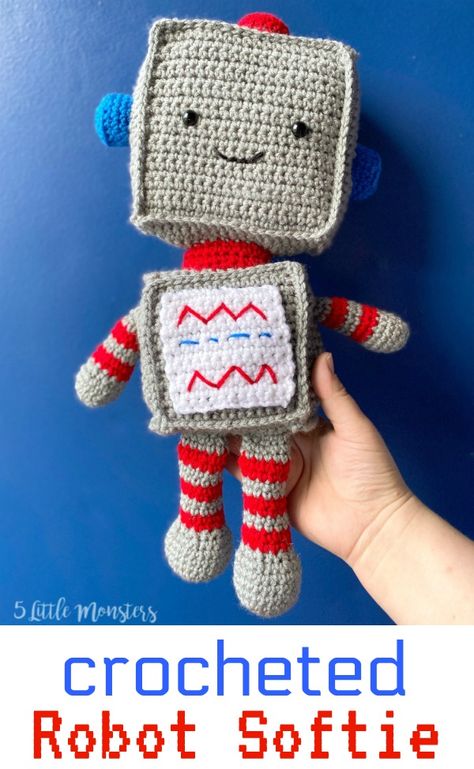 Crochet Robot, Crochet Monsters, Softie Pattern, Crochet Toddler, Red Yarn, Kids Calendar, A Robot, Little Monsters, Crochet For Kids