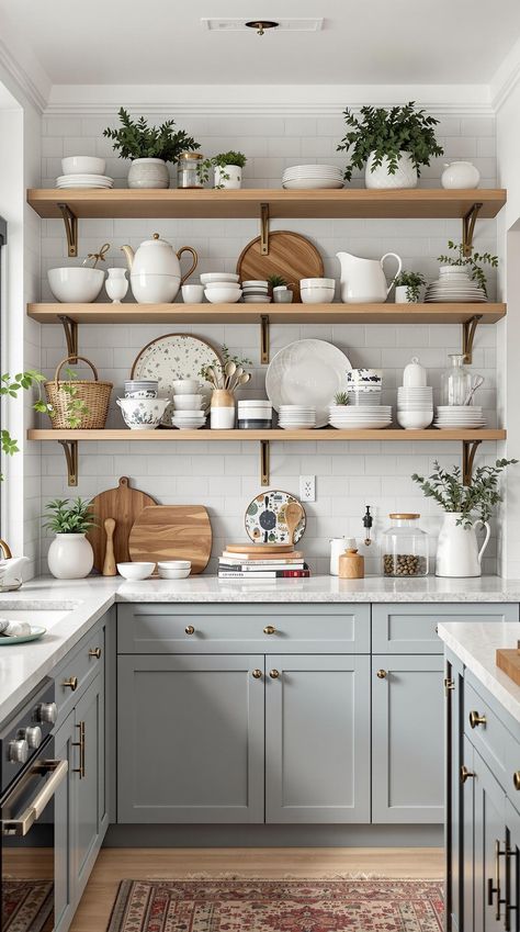 Scandi Boho Kitchen Kitchen With Shelf Instead Of Cabinets, Scandi Farmhouse Kitchen, Kitchen With Shelves Instead Of Cabinets, Scandi Cottagecore, Scandi Boho Kitchen, Boho Color Palettes, Kitchen With Shelves, Kitchen Open Shelf, Hygge Kitchen