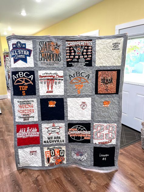 Sign up for our email list for a 15% off coupon for your first order: https://lp.constantcontactpages.com/sl/PBXQzEx What are real customers saying about our T Shirt Quilt? "I just wanted to let you know I received the t-shirt quilt and OMG it is beautiful Thank you, Thank you, Thank you!! I can't wait to give it to my daughter when she moves into college." Turn those T Shirts or sports jerseys you've been hanging on to into a beautiful T Shirt Quilt!  They make excellent gifts for graduation fr T Shirt Rag Quilt, Sport Quilt Patterns Ideas, T Shirt Quilts For Beginners, T Shirt Quilts Ideas Layout, Tshirt Quilts Ideas Layout, Tshirt Quilt Tutorial, Memory Blankets, Tshirt Quilt Pattern, T Shirt Blanket