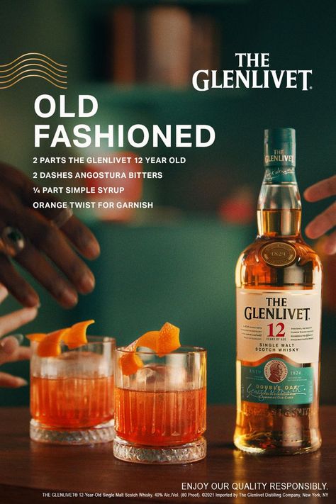 ‘Tis the season to sip on a new holiday tradition with Single Malt. The Glenlivet Old Fashioned is a new twist on an old classic. Made with just three ingredients – this cocktail is simple to make and guaranteed to delight your friends & family this holiday season. High Alcohol Content Drinks, Whiskey Advertising, Whiskey Ads Design, The Glenlivet, Whisky Old Fashioned, Whiskey Old Fashioned, Johnnie Walker Blue, Ads Creative Advertising Ideas, Whiskey Brands