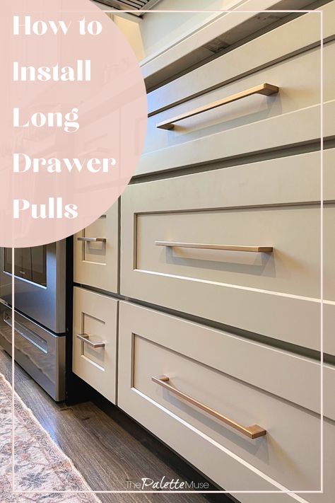 Installing cabinet hardware can be intimidating, especially for non-standard sizes. Here’s how to install long drawer pulls without a template, and without wrecking your new cabinets. What Size Cabinet Pulls To Use, Cabinet Pulls For White Cabinets, Cabinet Hardware Trends, Long Drawer Pulls, Cabinet Hardware Placement, Types Of Kitchen Cabinets, Kitchen Drawer Handles, Hanging Drawers, New Cabinets