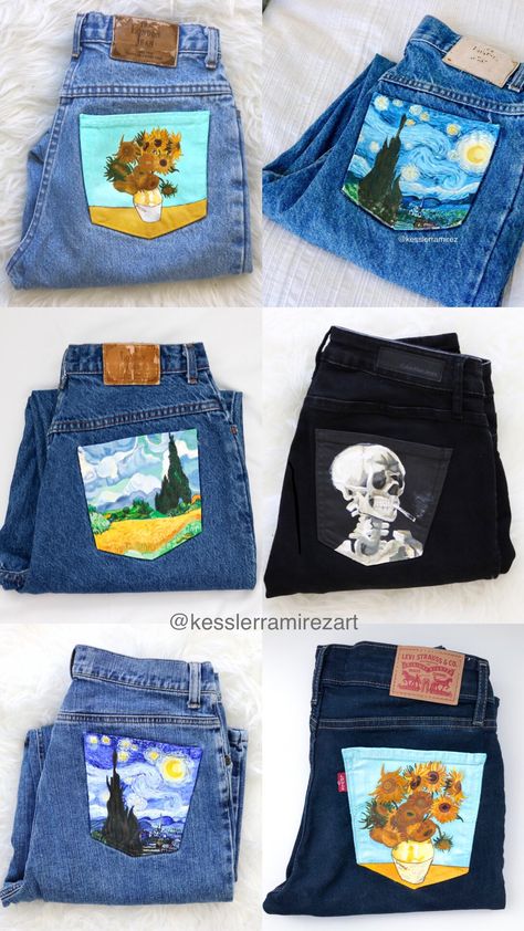 Vincent Van Gogh paintings on jean pockets. Sunflowers x2, The Starry Night x2 (but actually x3!), Skull of a Skeleton with a Cigarette, and Wheatfield with Cypresses. Diy Clothes Kimono, Painted Clothes Diy, Custom Denim Jacket, Denim Art, Painted Denim Jacket, Jean Pockets, Custom Denim, Painted Jeans, Painted Denim