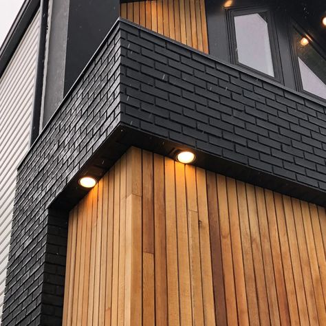 House Exterior Design Brick And Wood, Modern Home Exterior Cladding, Cedar House Siding Modern, Wood Over Brick Exterior, Black Brick And Wood Exterior, Modern House Cladding, Mid Century Modern Brick House, Modern Brick Interior Design, Brick Back Porch Ideas