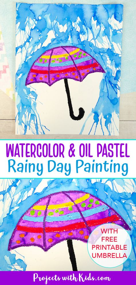 Kids will use blow painting with straws and oil pastels to make this awesome watercolor rainy day painting! A fun spring art project with a free printable umbrella template. Kindergarten Pastel Art, Spring Art Project Kindergarten, Spring Art Grade Two, Easy Art Elementary, Easy Easter Art For Kids, Rainy Day Art Project, April Art Kindergarten, Grade 1 Art Ideas Spring, Prek Spring Art Projects