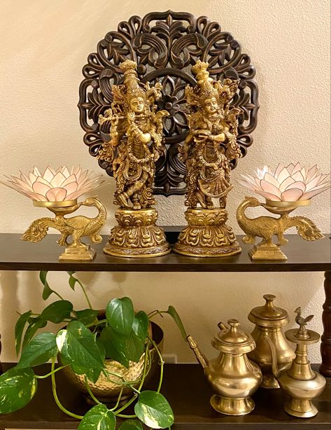 Brass Krishna Radha adorn the hallway 
Pothos. Traditional Home decor 
Nepali home decor indian home decor Radha Krishna Home Decor, Krishna Home Decor, Urli Decor, Colour Window, Temple Room, Small Bars For Home, Mandir Decoration, Broken Iphone, Brass Decoration