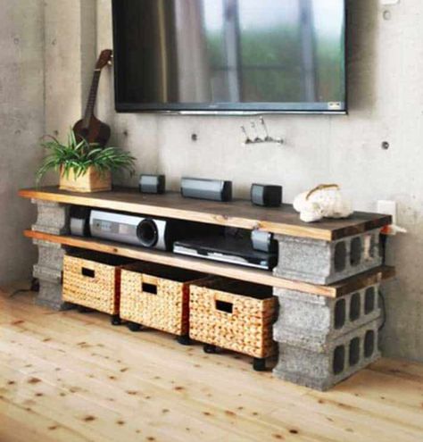 Cinder Block Shelves, Cinder Block Furniture, Block Furniture, Cinder Block Bench, Music Room Wall, Cinder Blocks, Diy Tv Stand, Diy Tv, Cinder Block