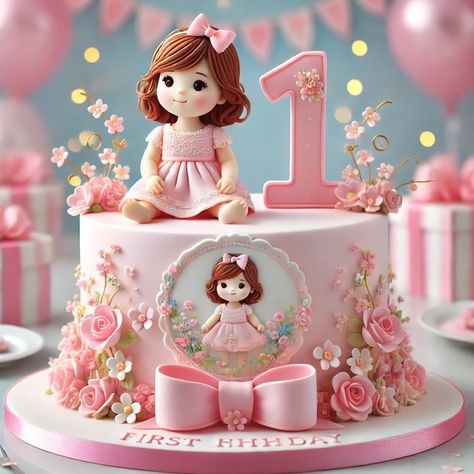 First Birthday Cake Design For Girl, First Birthday Cakes For Baby Girl, Baby Girl 1st Birthday Cake Ideas Simple, Cake Designs For Baby Girl 1st Birthday, First Birthday Cake Flowers, Flower Birthday Cake Kids, Baby One Month Cake, First Birthday Cakes Girl, Cake For First Birthday Girl