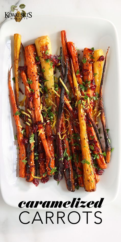 Kowalski's recipe for Caramelized Carrots. Carrot And Broccoli Side Dish, Christmas Dinner Carrots, Recipe For Carrots Side Dishes, Heirloom Carrots Recipe, Hasselback Carrots, Roasted Carrot Recipes, Fancy Carrots, Baby Carrots Side Dish, Christmas Carrots