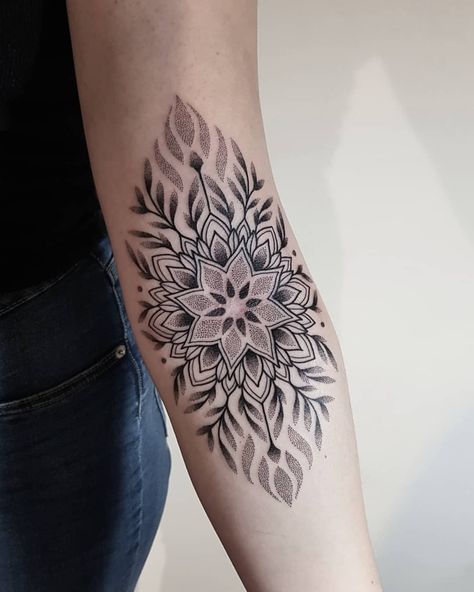 Inner Elbow Mandala Tattoo, Upper Inner Elbow Tattoo, Mandala Jewelry Tattoo Design, Mandala Add Ons Tattoo Ideas, Elbow Ditch Tattoos For Women, Dotted Mandala Tattoo, Mandala Elbow Tattoo Women, Dot Work Mandala Design, Inside Elbow Tattoo