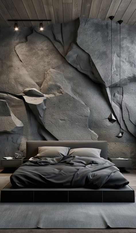 this bedroom has a grey wallpaper with stones, in the style of valentin rekunenko, photorealistic compositions, mountainous vistas, thom mayne, high contrast, tintoretto, industrial texture Texture Wall Design, Bedroom Texture, Industrial Texture, Texture Wall, Grey Wallpaper, High Contrast, Design Luxury, Textured Walls, Bedroom Interior