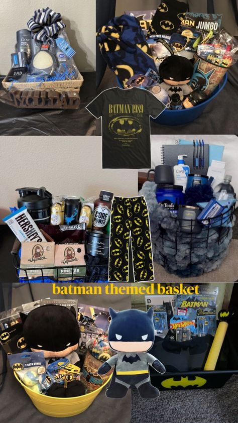 Batman Basket For Bf, Burr Basket Boyfriend, Spiderman Boyfriend Gifts, Boo Basket Boyfriend, Batman Gift Ideas For Boyfriend, Batman Basket, Batman Gift Basket, Boyfriend Gift Basket Christmas For Him, Bf Gift Basket Ideas