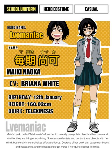 Maiki Naoka, 15 year old student at Class 1-A in UA High Class 1b, My Hero Academia Oc, Class 1 A, Mha Stuff, Character Collection, Hero Costumes, Black Anime Characters, Black Anime, School Uniforms