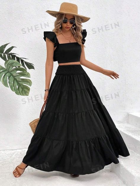 SHEIN Tall Women's Solid Color Crop Top And A-Line Skirt Set | SHEIN USA Ruffle Trim Top, Colorful Crop Tops, Midi Flare Skirt, Black Boho, Couple Matching, Top Crop, Black Party, Tall Women, Color Shorts