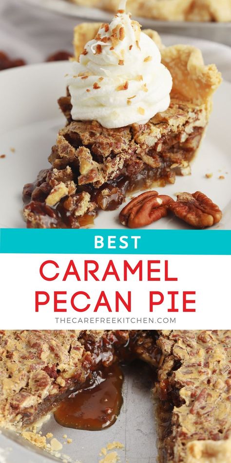 Pinerest pin for pecan pie Caramel Pecan Pie Recipe, Brown Sugar Pecan Pie Recipe, Carmel Pecan Pie, Homemade Caramel Candy, Spring Sweets, Caramel Pecan Pie, Pecan Filling, Pecan Sauce, Caramel Dessert Recipes