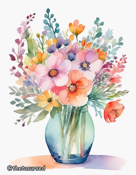 Watercolor Dreams Series, artwork by ThetaCursed, License for use: CC BY-NC 4.0 Watercolor Flowers In Vase, Bohemian Pictures, Series Artwork, Painting Of Flowers, Flowers In Vase, Flowers In A Vase, Hand Painted Sarees, Diy Watercolor, Flowers And Leaves